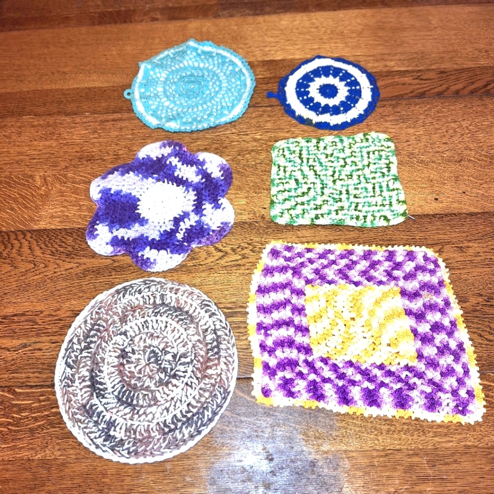 Hot Pads, 2 Knitted & 4 Crotched, Vintage, Bundle